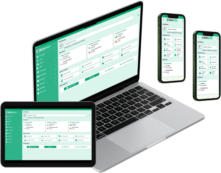 BakiBook software on laptop, tablet, and mobile